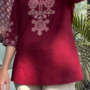 Elegant Wine Red Blossom Cotton Top with Floral & Bird Embroidery